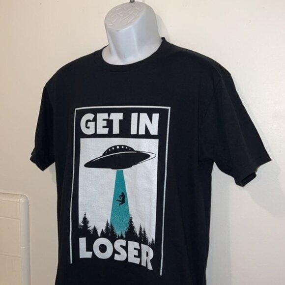 Unisex “Get in Loser” Alien Abduction Black Graphic Tee - Picture 4 of 9